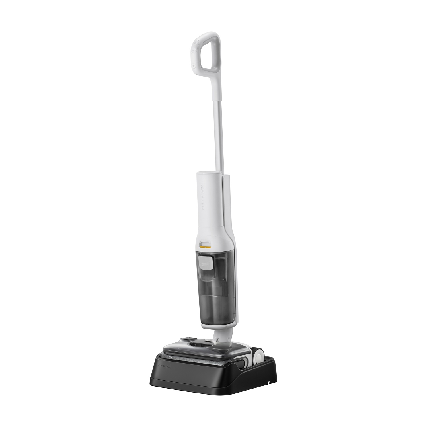 Un aspirapolvere bianco bagnato-asciutto con base nera su sfondo bianco.
