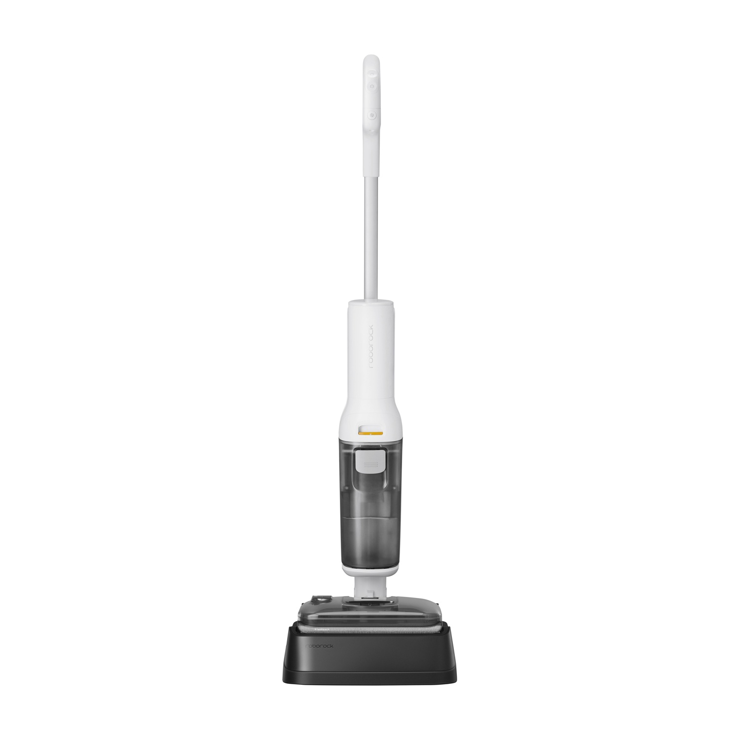 Un aspirapolvere bianco bagnato/asciutto con base nera su sfondo bianco.