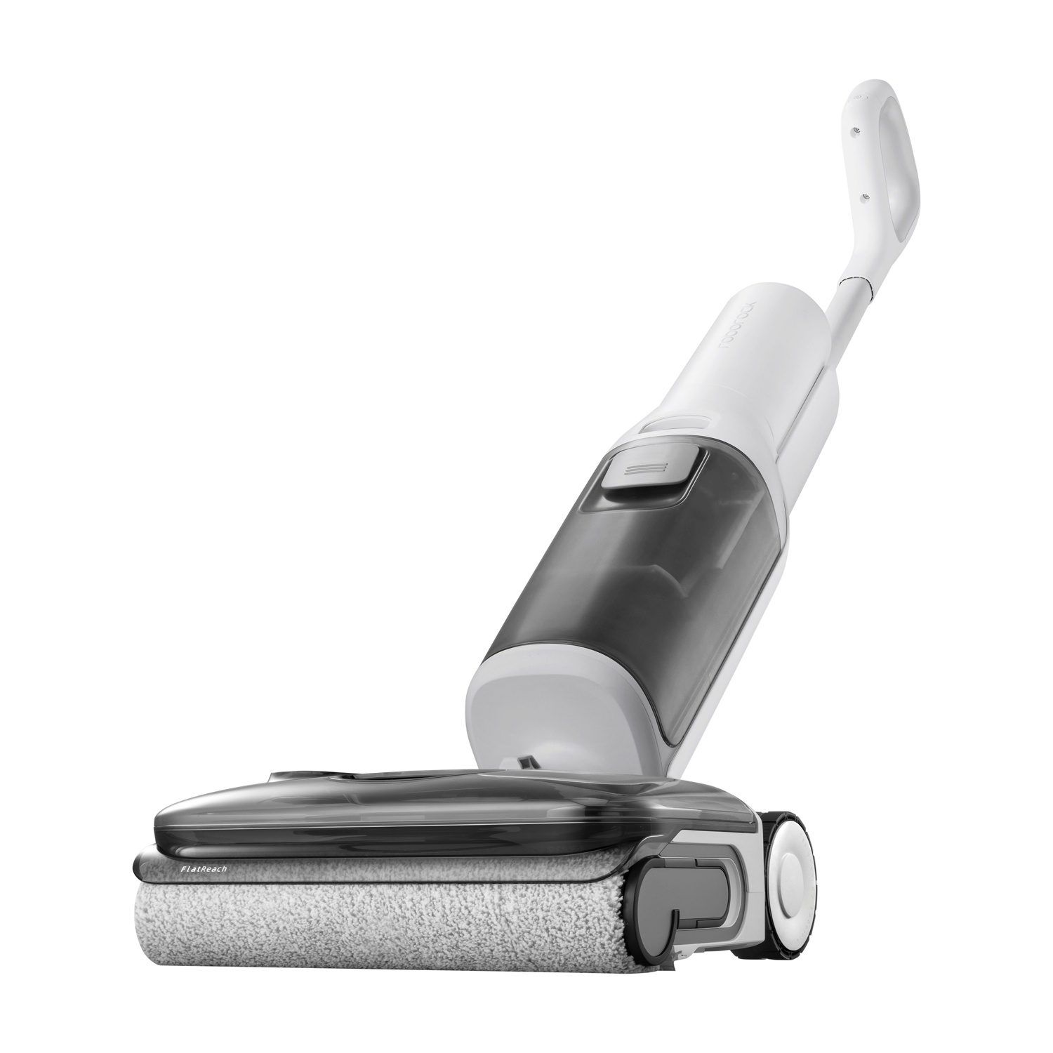 Un aspirapolvere bianco bagnato/asciutto con serbatoio acqua trasparente e spazzola.