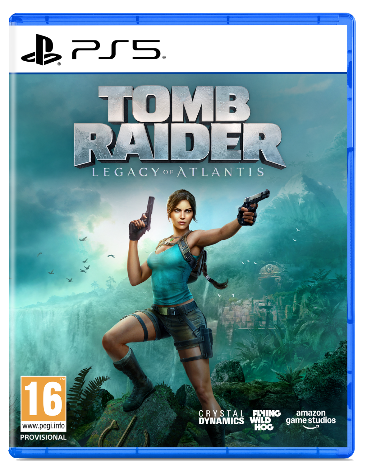 Lara Croft con dos pistolas frente a una cascada y jungla.