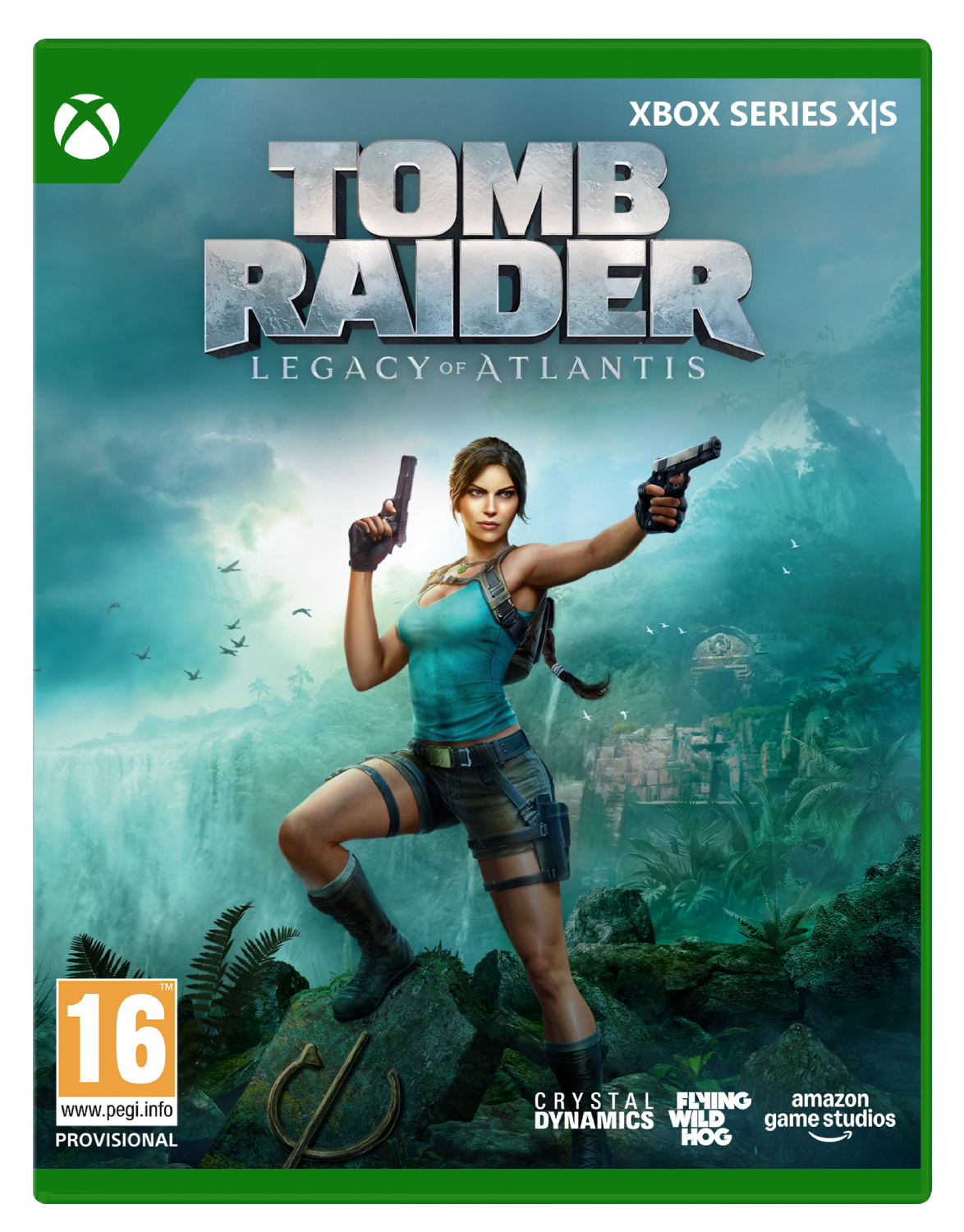 Lara Croft con dos pistolas frente a una cascada y ruinas. Logotipo "Tomb Raider".