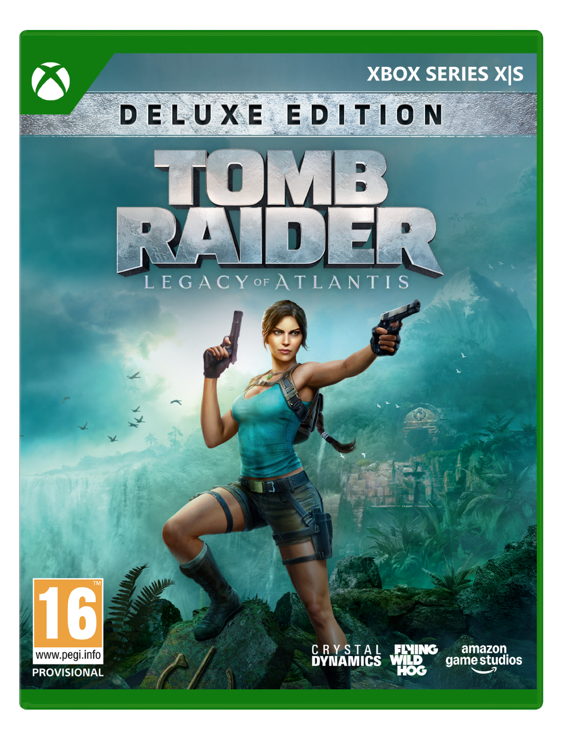 Lara Croft con dos pistolas frente a cascada y ruinas. Tomb Raider Edición Deluxe.