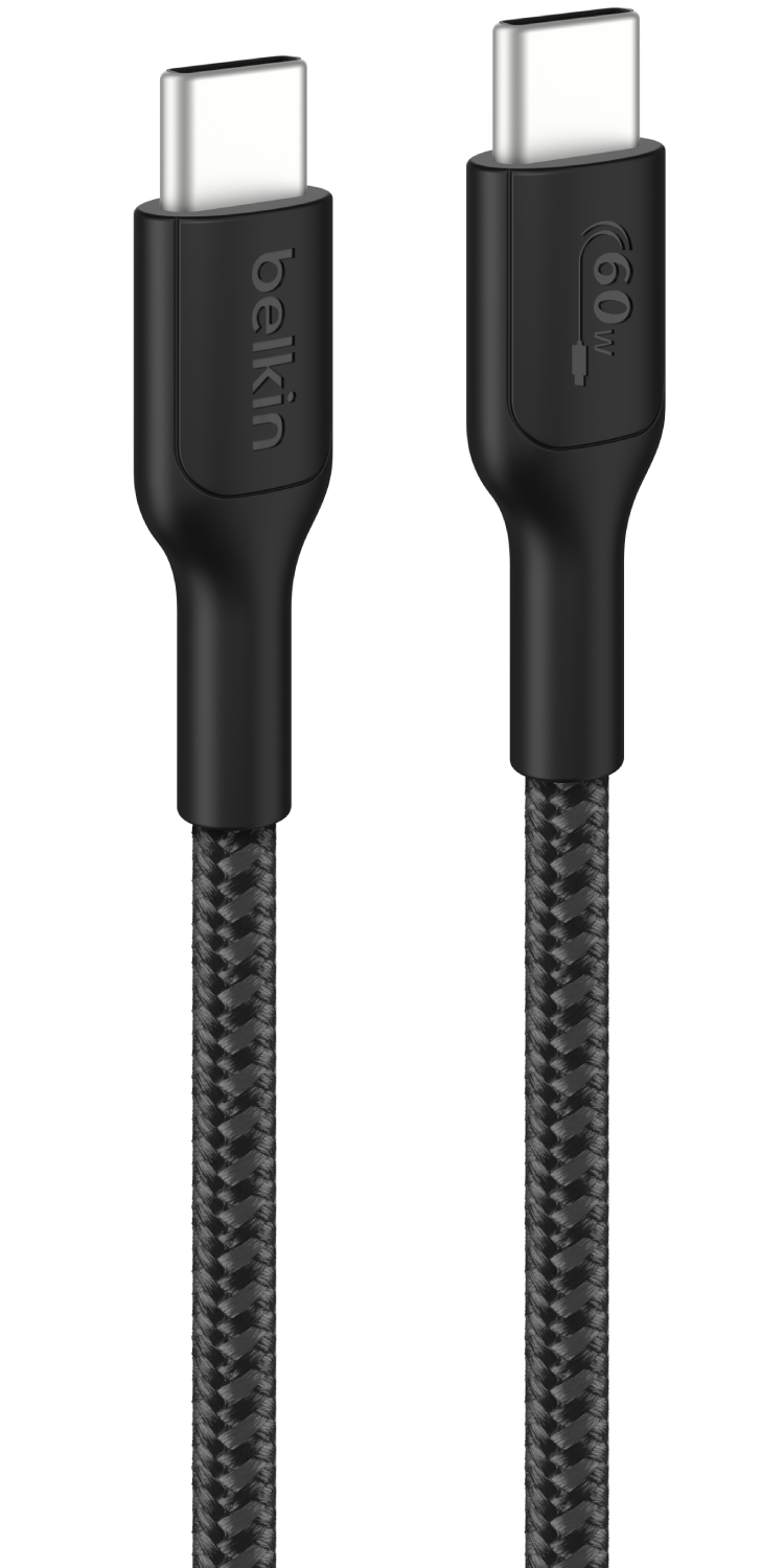 Dos cables USB-C negros con eje trenzado, uno con logo Belkin.