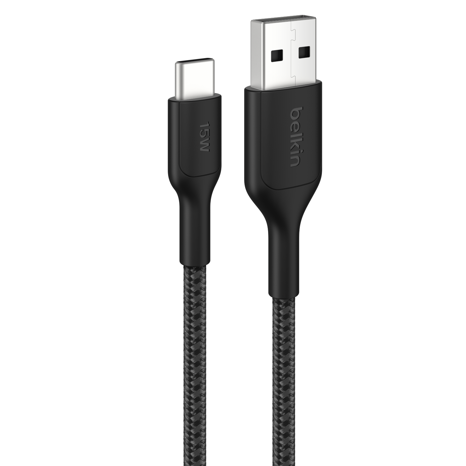 Cable USB-C a USB-A negro con trenzado y marca de 15W.