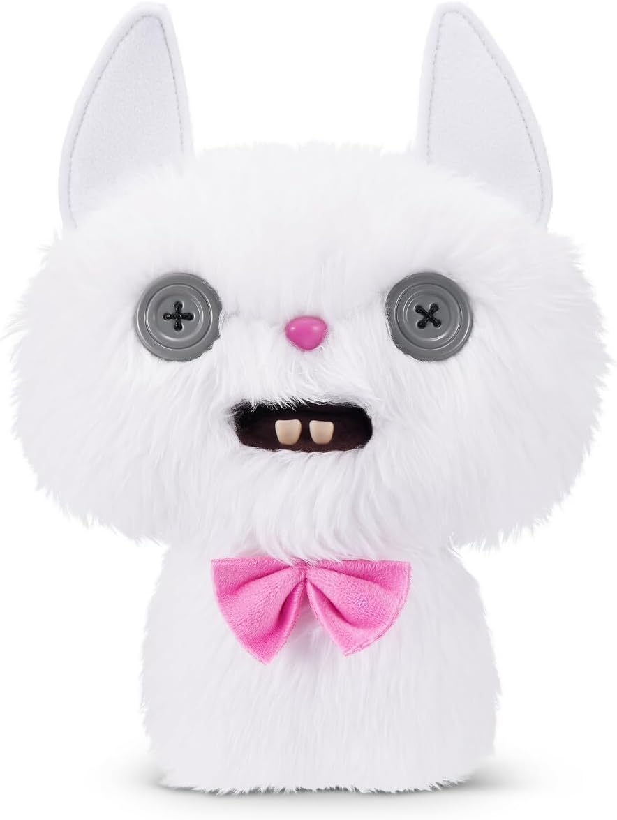 Un peluche blanco y esponjoso parecido a un gato con ojos de botón y un lazo rosa.
