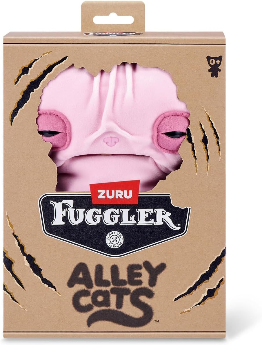 Embalaje de un juguete Fuggler rosa "Alley Cats" con marcas de garras.