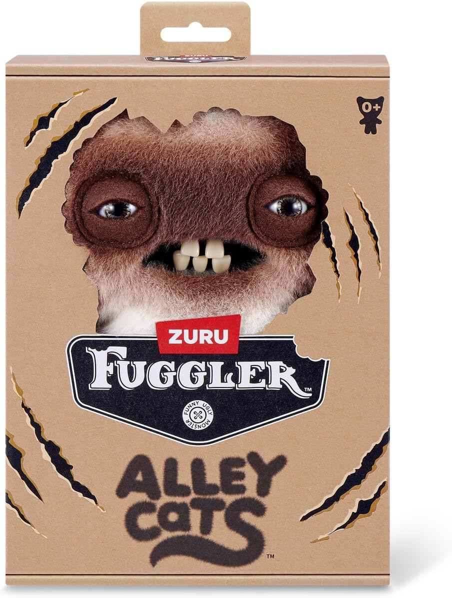 Una caja marrón Fuggler con una cara de monstruo espeluznante asomándose por un recorte.