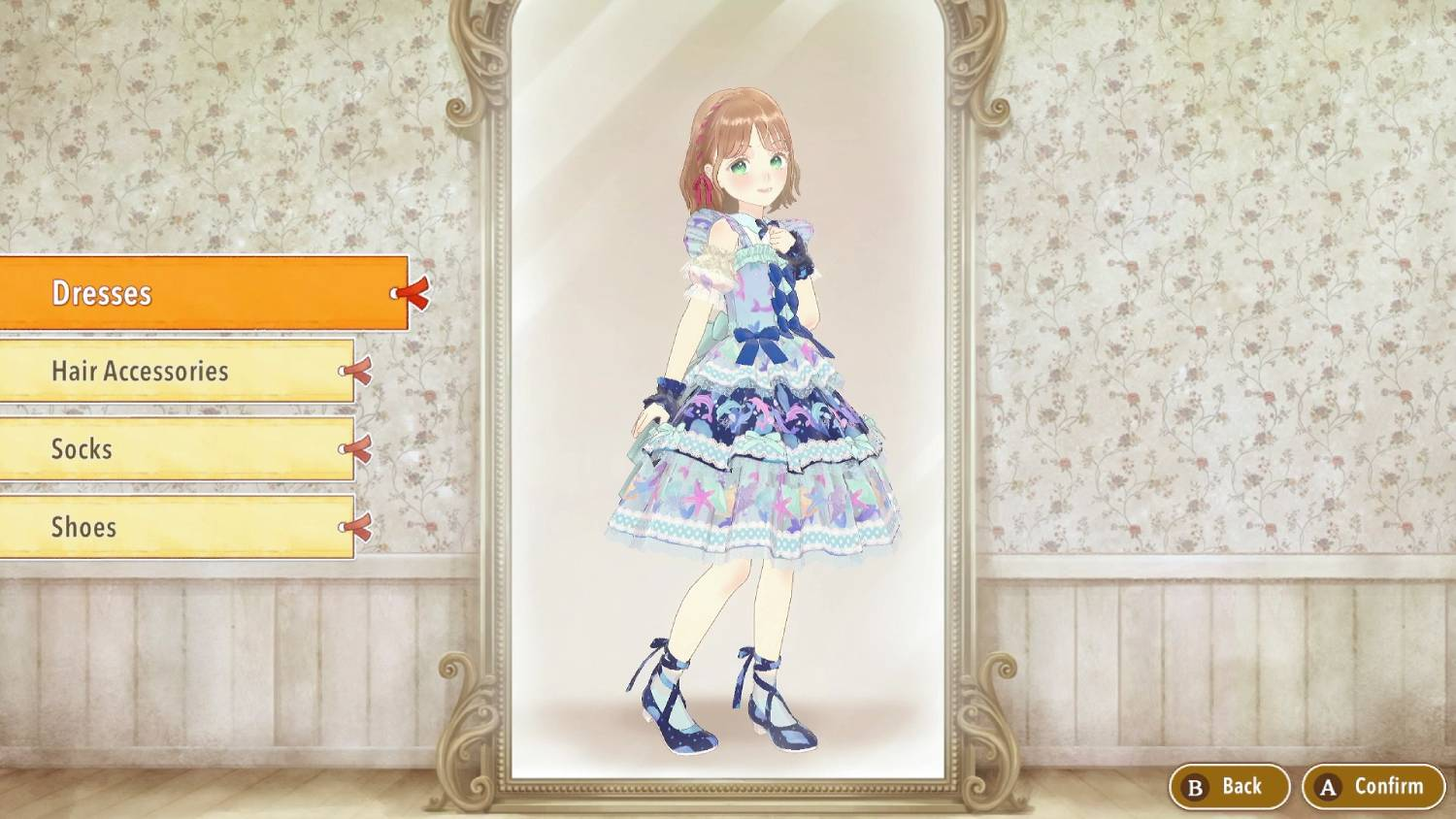 Una chica anime con un vestido azul, lazos y volantes.