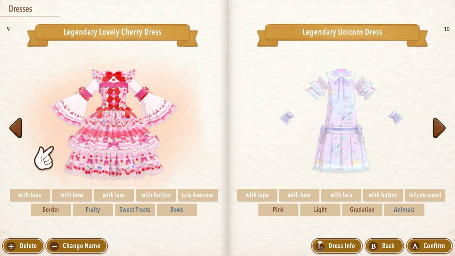 Dos vestidos: uno de cerezas y otro de unicornio. Ambos son detallados y coloridos.