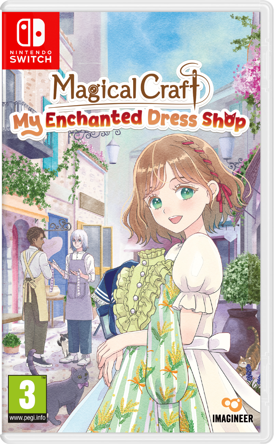 Una chica de anime con un vestido verde está en una calle frente a una tienda.