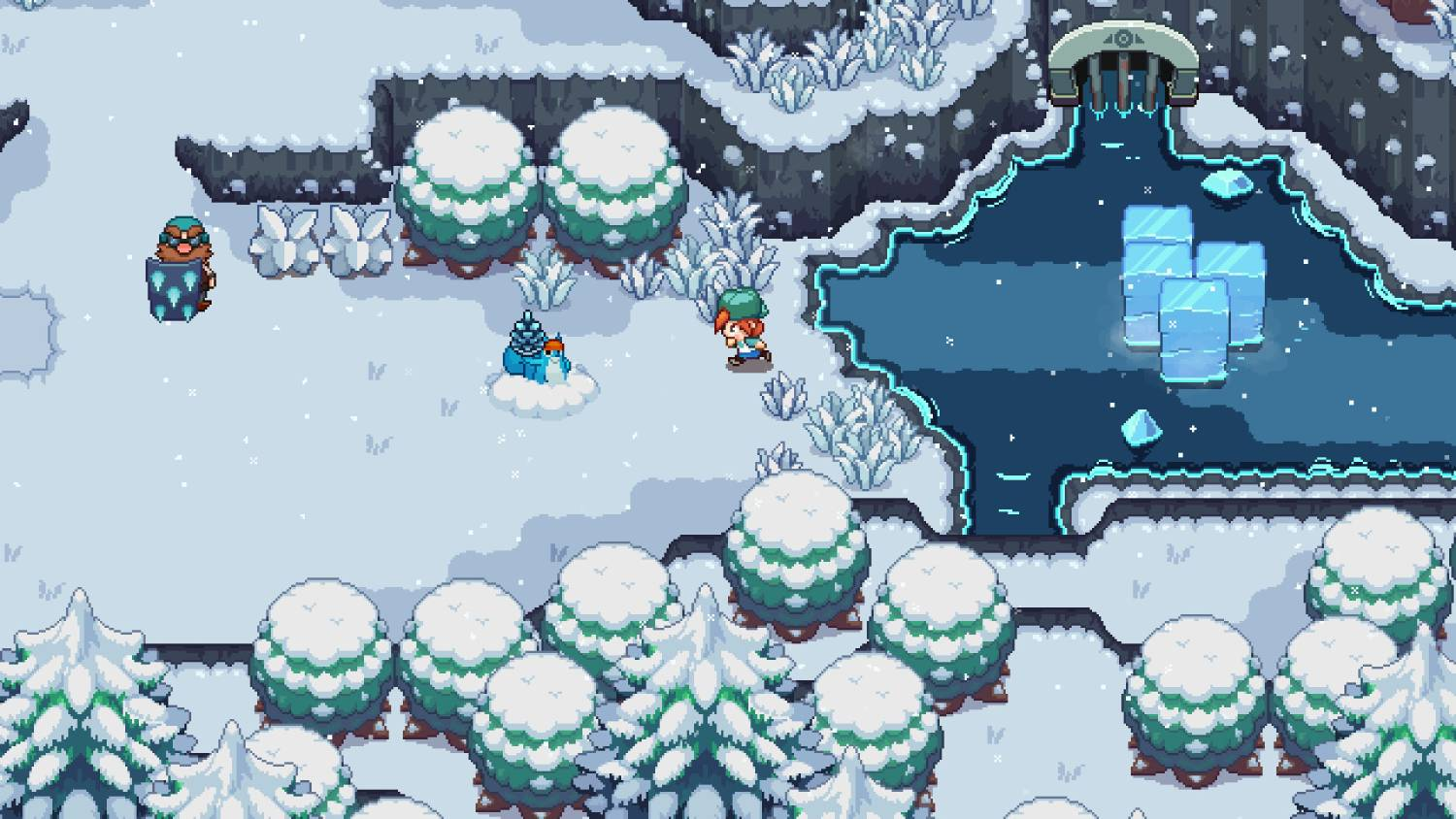 Un paisaje nevado con personajes pixelados y bloques de hielo.