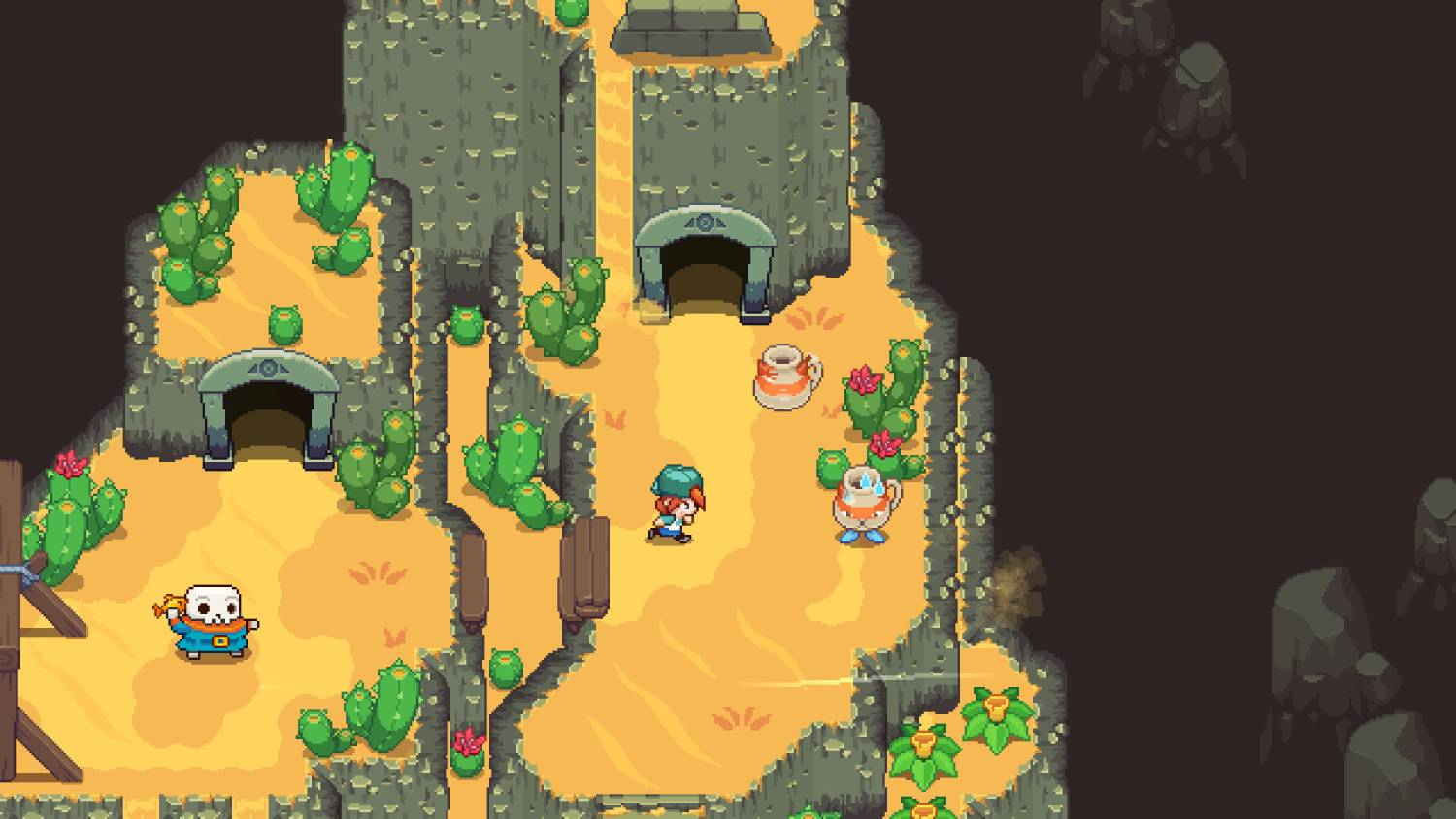 Paisaje desértico de pixel art con personajes, cactus y entradas a cuevas.