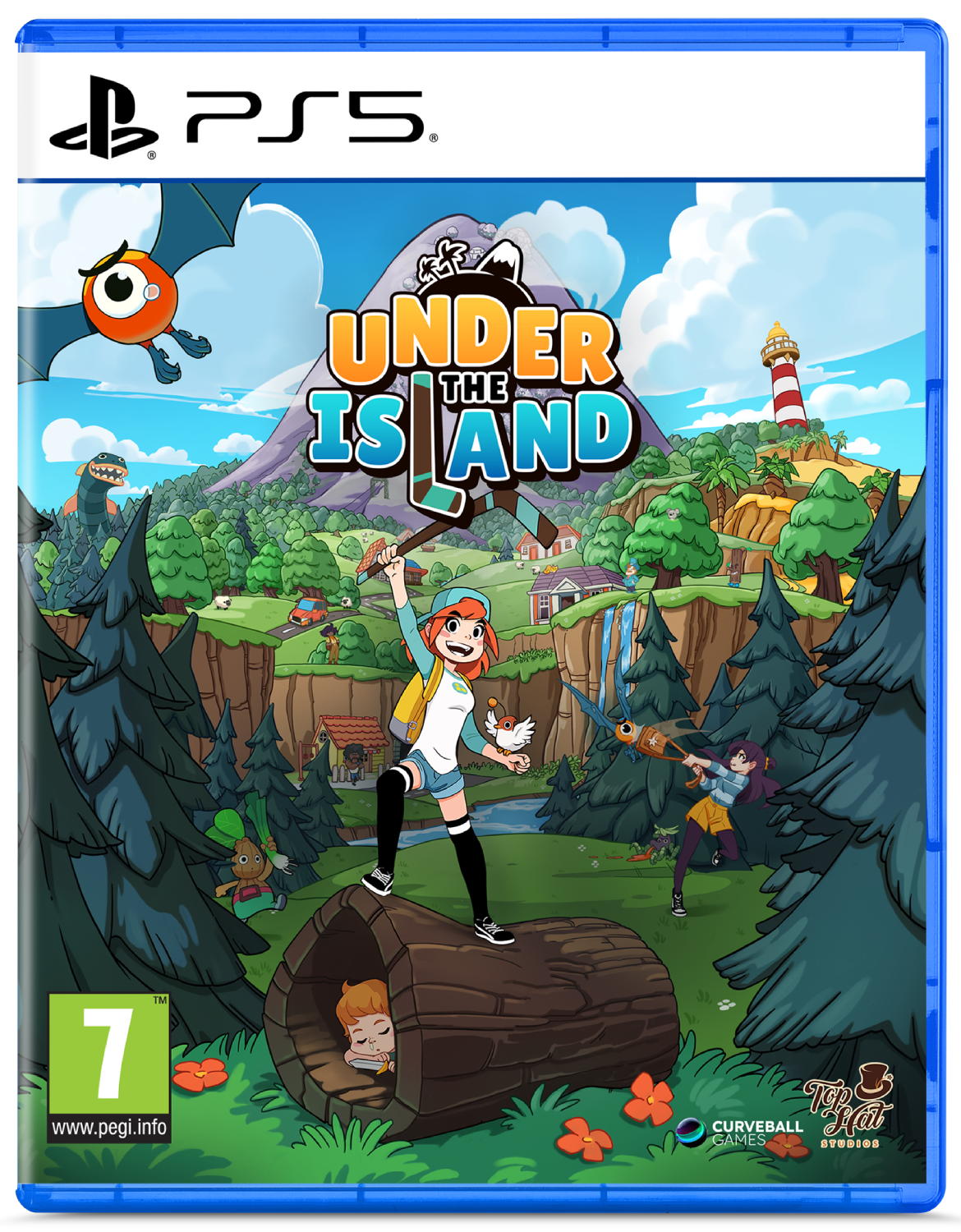 Portada del juego: Chica con pájaro sobre tronco, mundo isleño colorido, logo PS5.