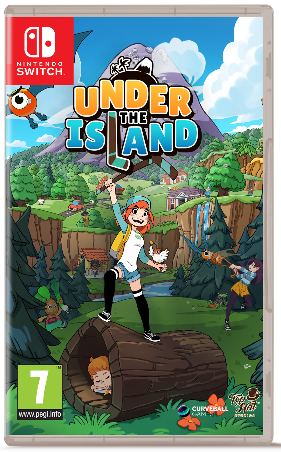 Portada del juego Nintendo Switch: Under The Island, estilo de dibujos animados, con personajes y paisaje.