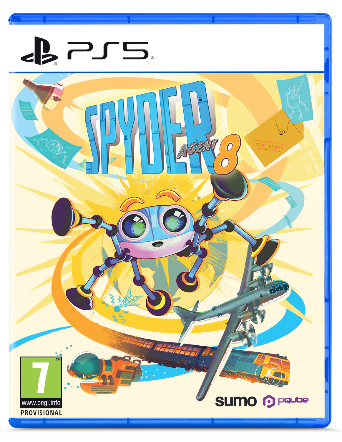 Portada del juego Spyder Agent 8: araña robot azul, avión, tren, logo PS5, PEGI 7.