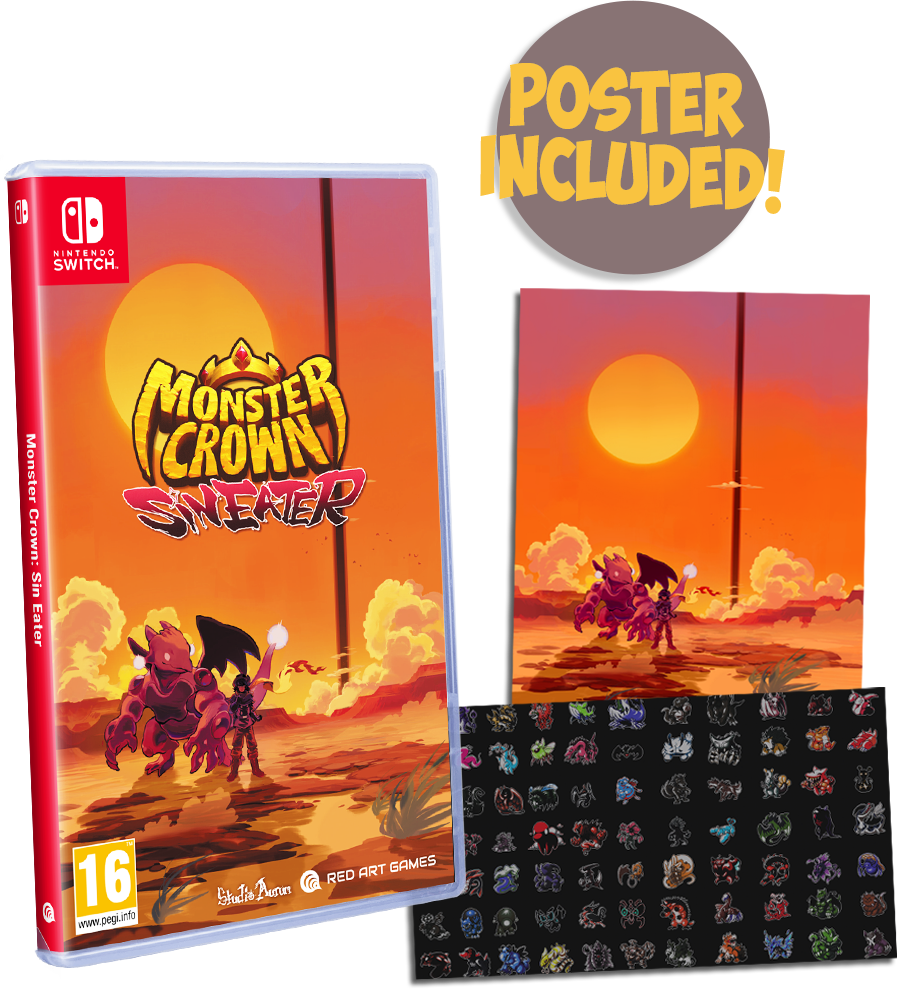 Portada del juego Monster Crown: Sin Eater para Nintendo Switch con póster y pegatinas.