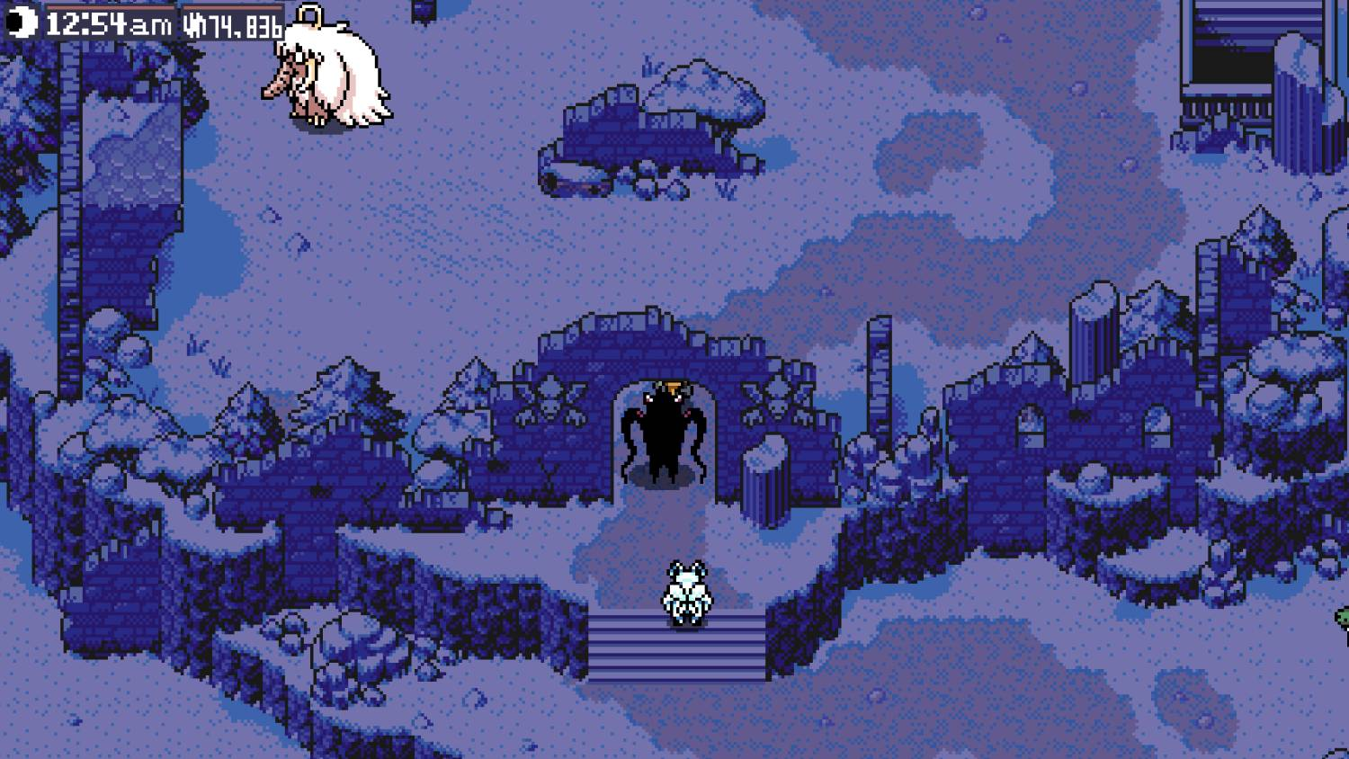 Escena pixelada: criatura blanca frente a monstruo oscuro en arco en ruinas. Paisaje nevado.