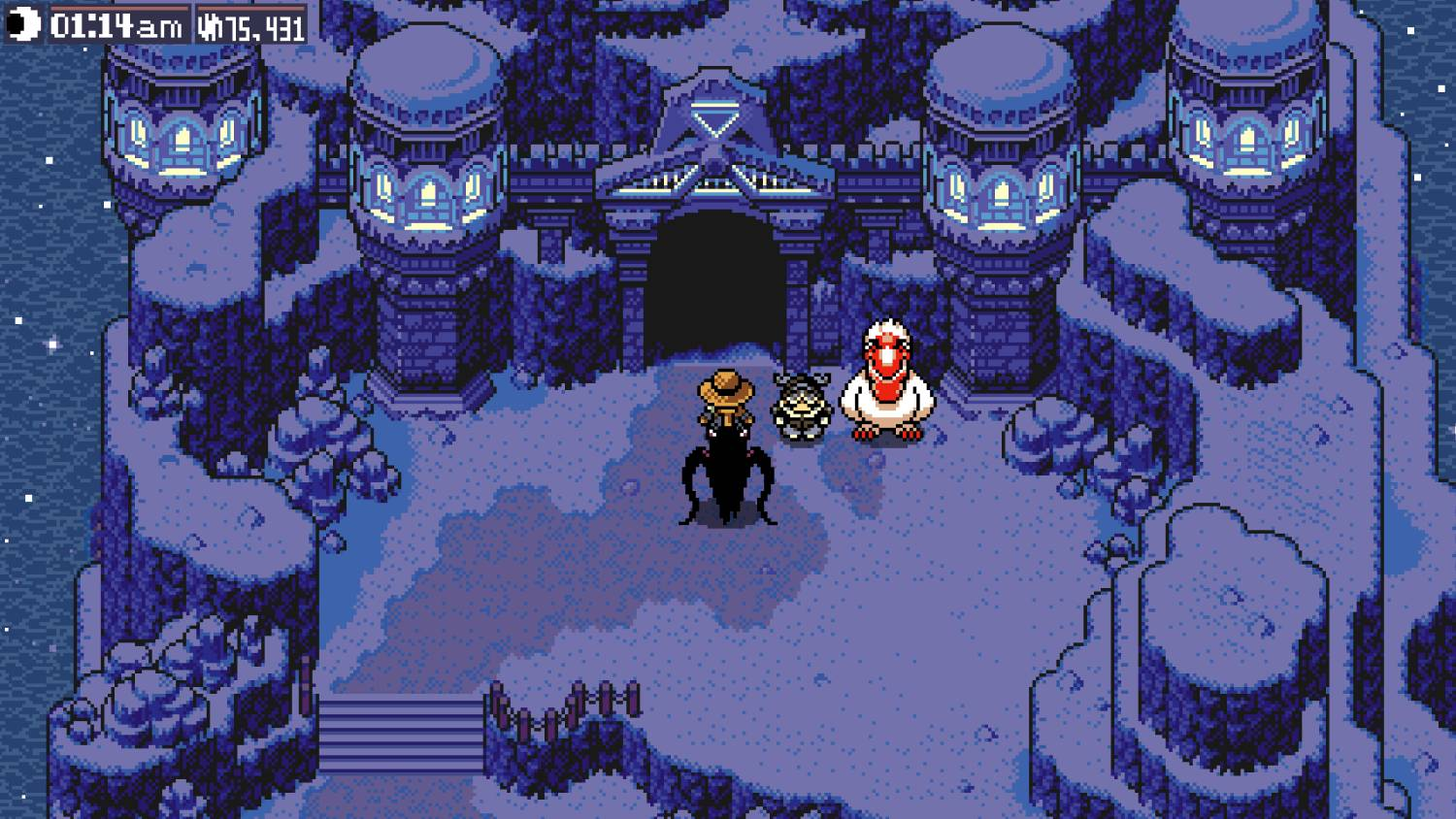 Escena de pixel art: Tres personajes ante una puerta de castillo oscura con torres brillantes.