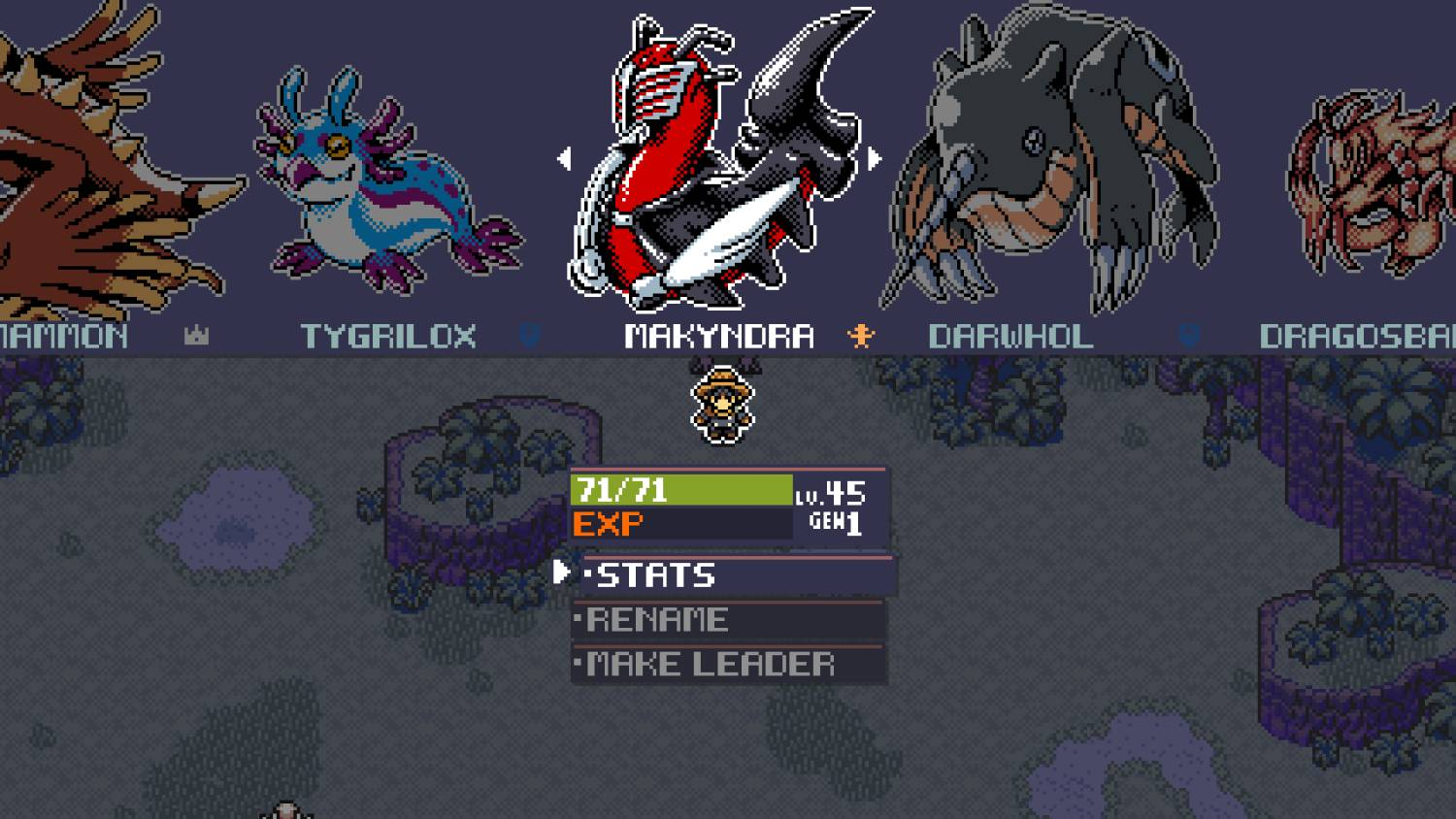 Juego de arte pixelado con personajes y opciones de menú.