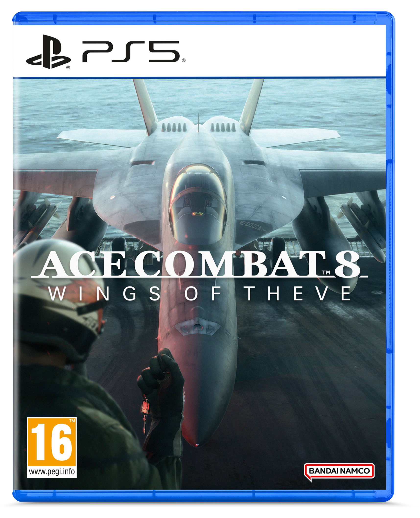 Un caza en un portaaviones con texto de ACE COMBAT 8.