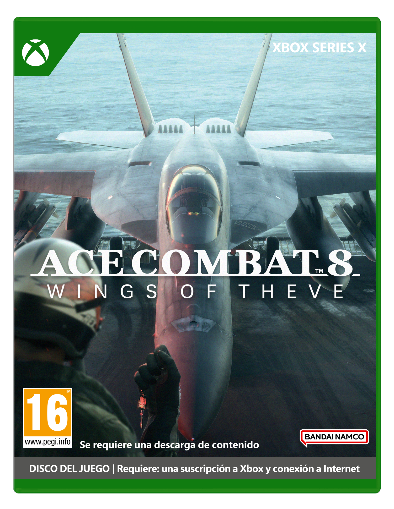 Un caza en un portaaviones, con el título del juego 'Ace Combat 8'.