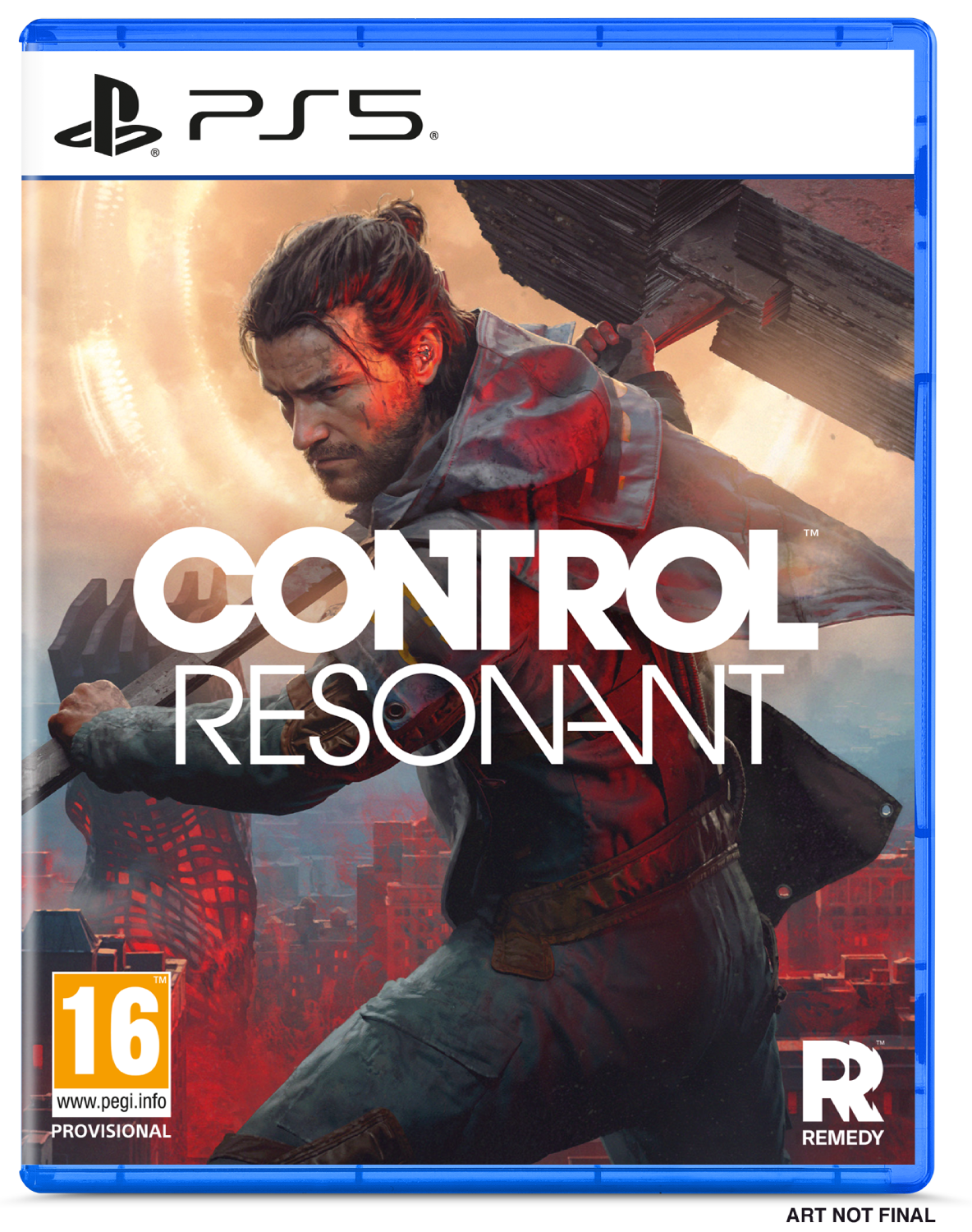 Portada del juego Control: Resonant para PS5, con un hombre en acción, fondo rojo y clasificación 16.