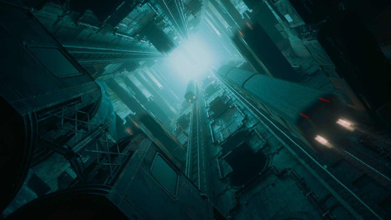 Un pozo futurista con ascensores y trenes, que conduce a una luz brillante.