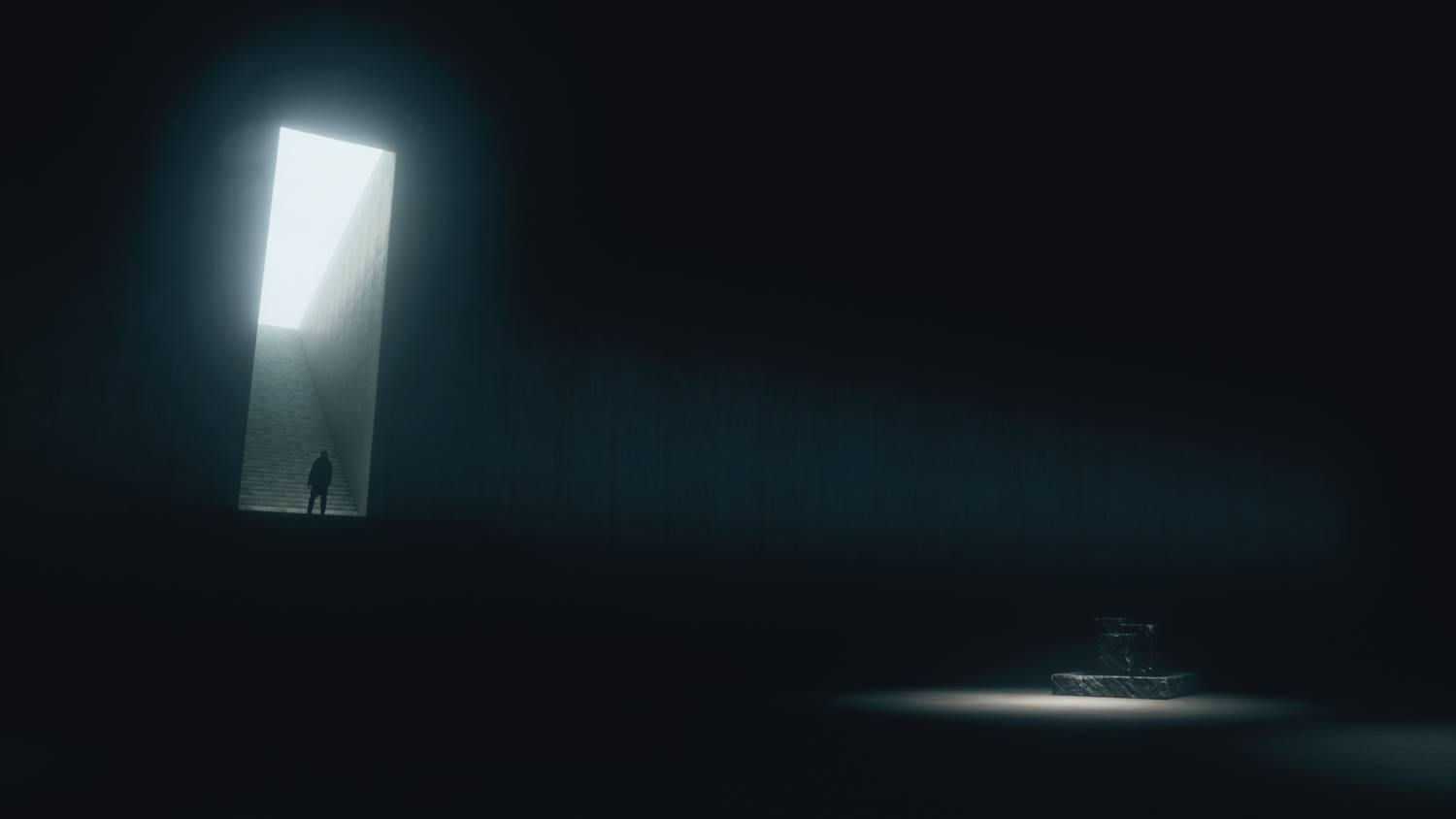 Una escena oscura con una persona en escaleras y un objeto de piedra iluminado.