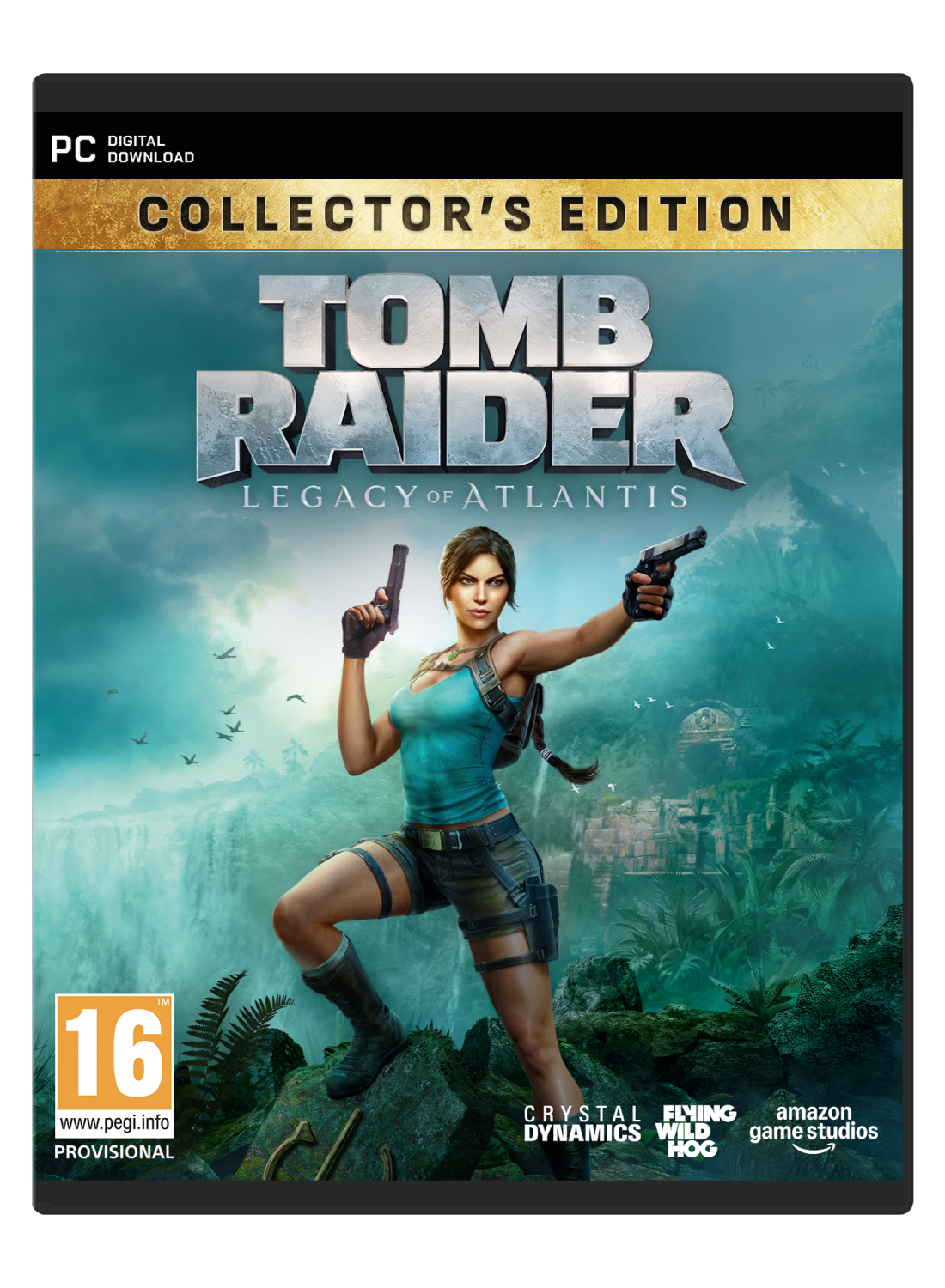 Lara Croft con dos pistolas frente a una cascada y ruinas. Edición Coleccionista de Tomb Raider.