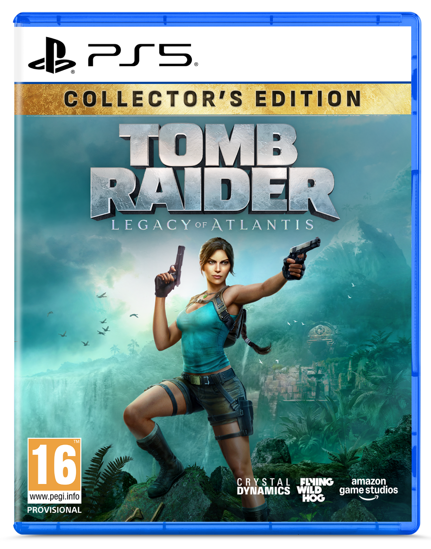 Lara Croft con dos pistolas ante cascadas y ruinas. Edición Coleccionista PS5.