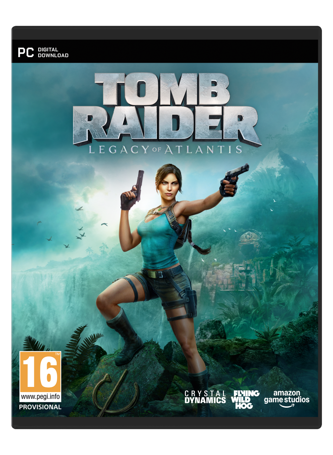 Lara Croft con dos pistolas frente a cascadas y ruinas, portada del juego "Tomb Raider".