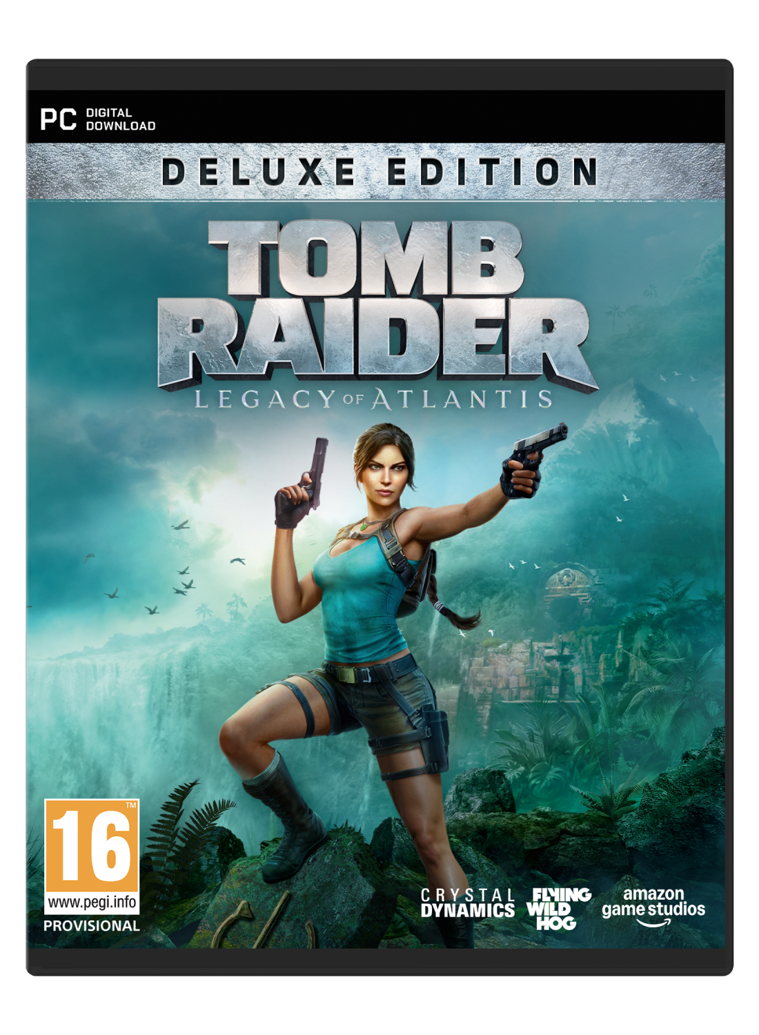 Lara Croft con dos pistolas en una escena de jungla con cascada y ruinas.
