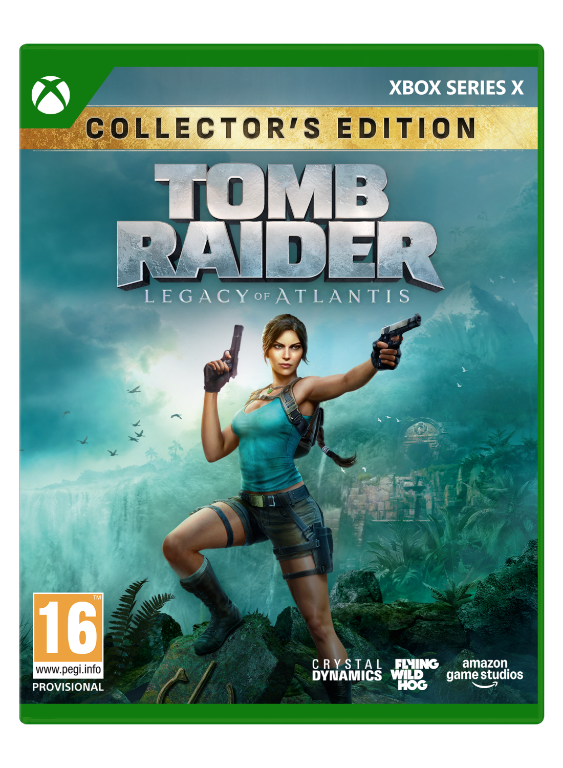 Lara Croft con dos pistolas frente a un paisaje de selva con cascadas.