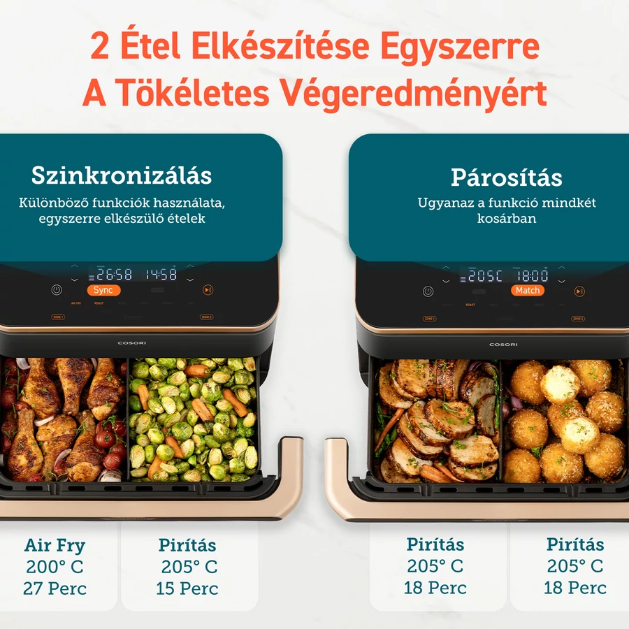 Két dupla zónás légkeveréses sütő, szinkronizált és párosított főzési funkciókkal.