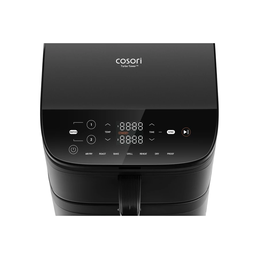 Fekete Cosori Turbo Tower légsütő digitális kijelzővel.