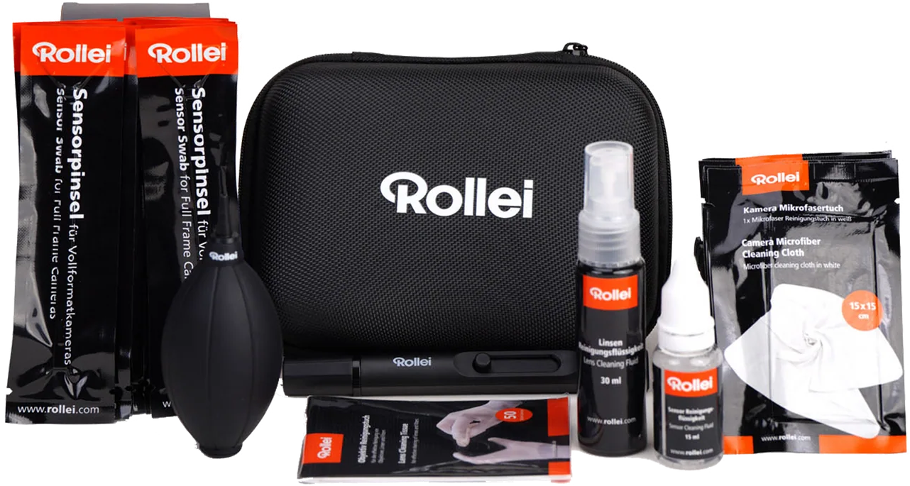 Kit pulizia fotocamera Rollei con tamponi, spray, panno e soffiatore.