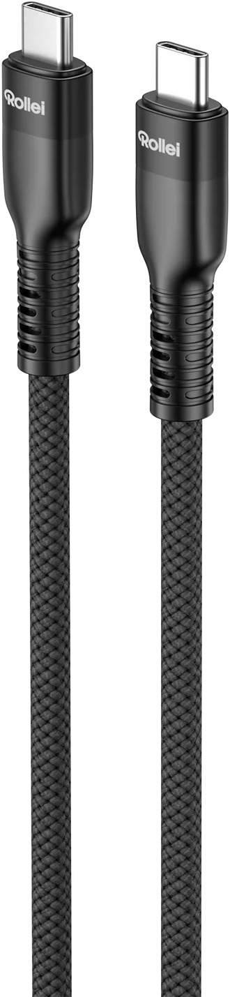 Zwei schwarze Rollei USB-C-Kabel mit silbernen Anschlüssen, geflochten.