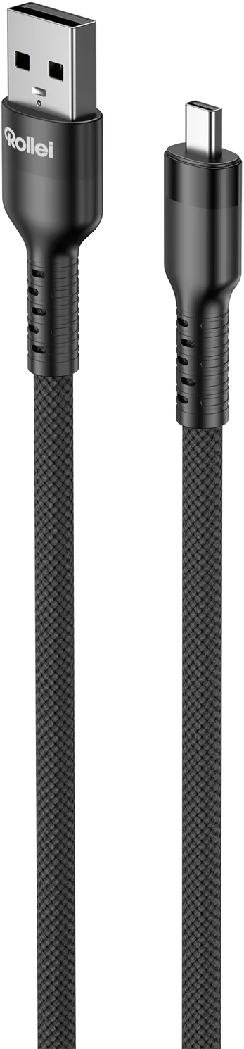 Schwarzes USB-A zu USB-C Kabel mit Stoffummantelung und silbernen Anschlüssen.
