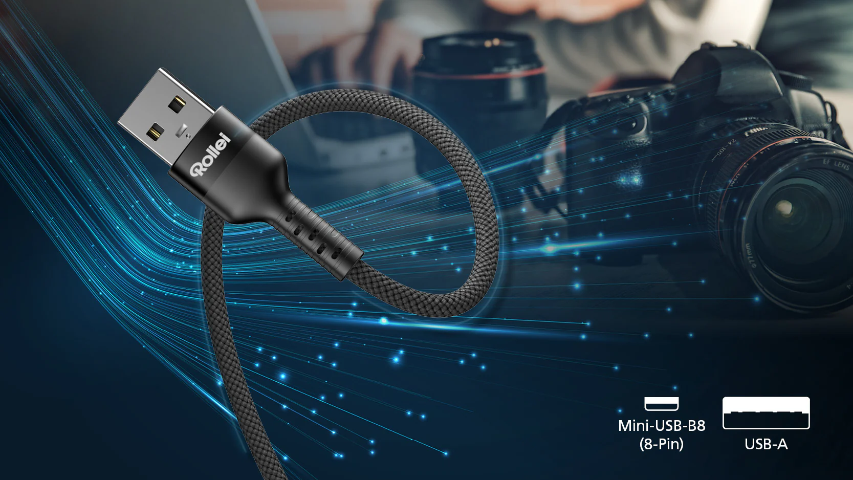 Rollei USB-Kabel mit Mini-USB-B8 und USB-A-Anschlüssen, neben einer Kamera.