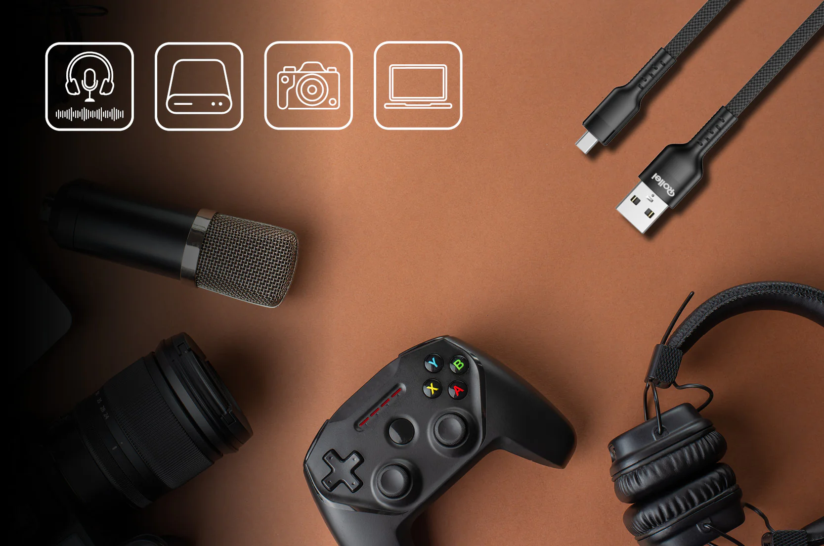 Kopfhörer, Festplatte, Kamera, Laptop, Mikrofon, Controller, Kabel, Kopfhörer.
