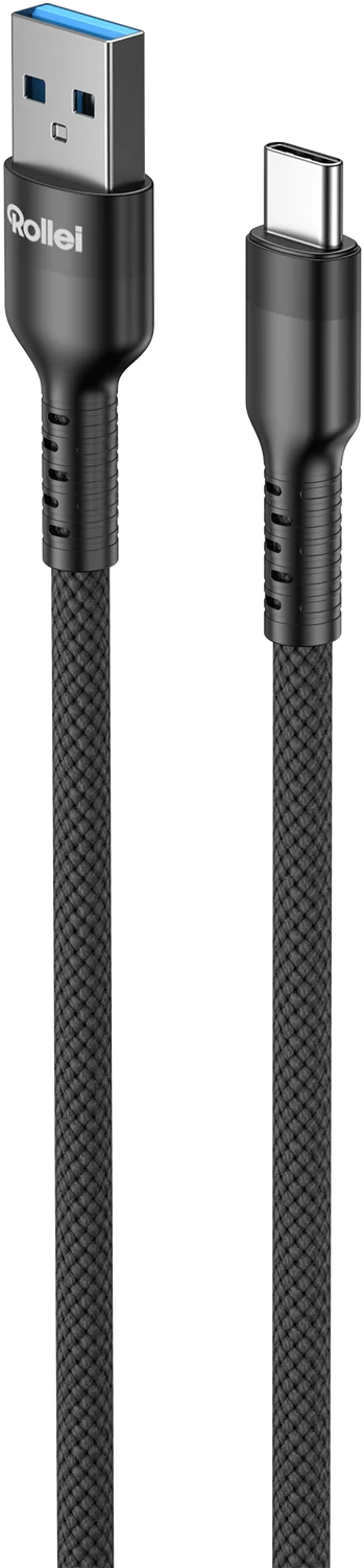 Ein schwarzes USB-A zu USB-C Kabel mit Rollei-Logo. Geflochtene Textur.