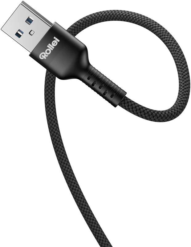Schwarzes USB-Kabel mit Rollei-Logo und geflochtenem Kabel.