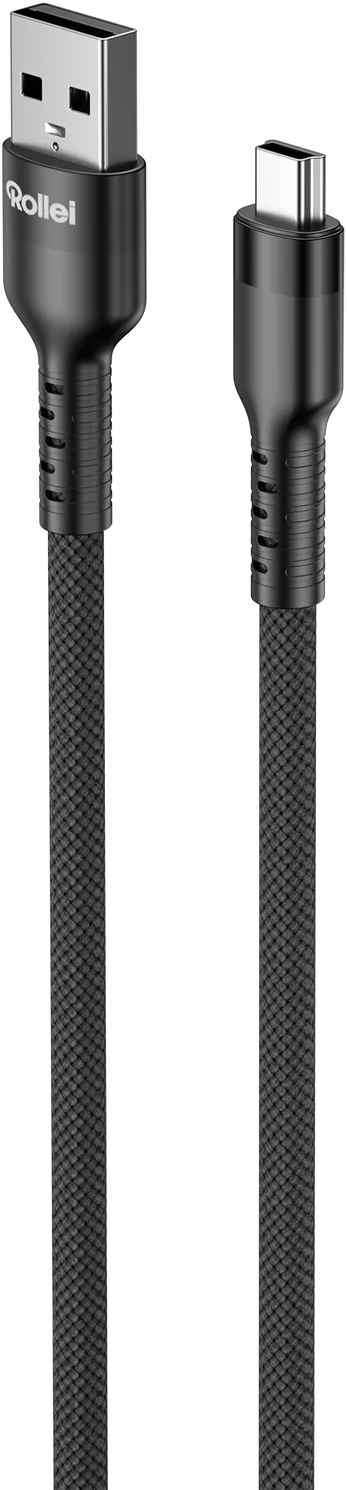 Ein schwarzes Rollei USB-A zu USB-C Kabel mit geflochtenem Mantel.