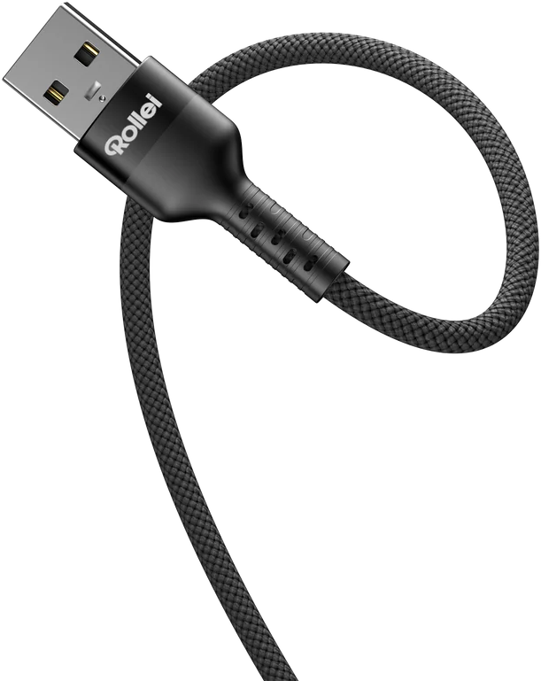 Schwarzes USB-Kabel mit Rollei-Logo und geflochtenem Kabel.