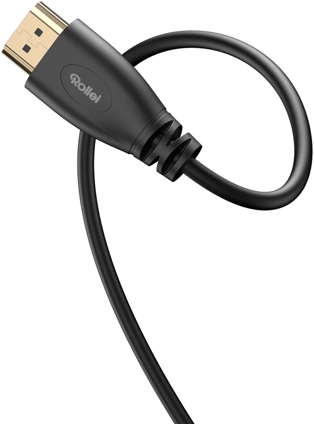Ein schwarzes HDMI-Kabel mit goldenem Anschluss und dem Rollei-Logo.