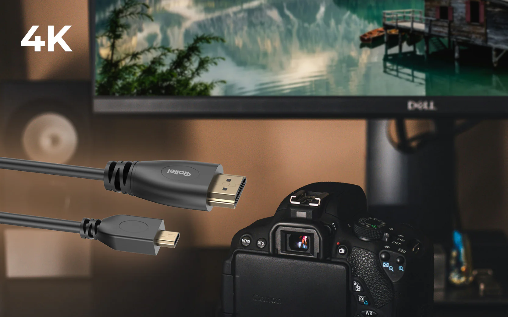 4K-Text auf dem Bildschirm, HDMI-Kabel neben einer Canon-Kamera, Dell-Monitor