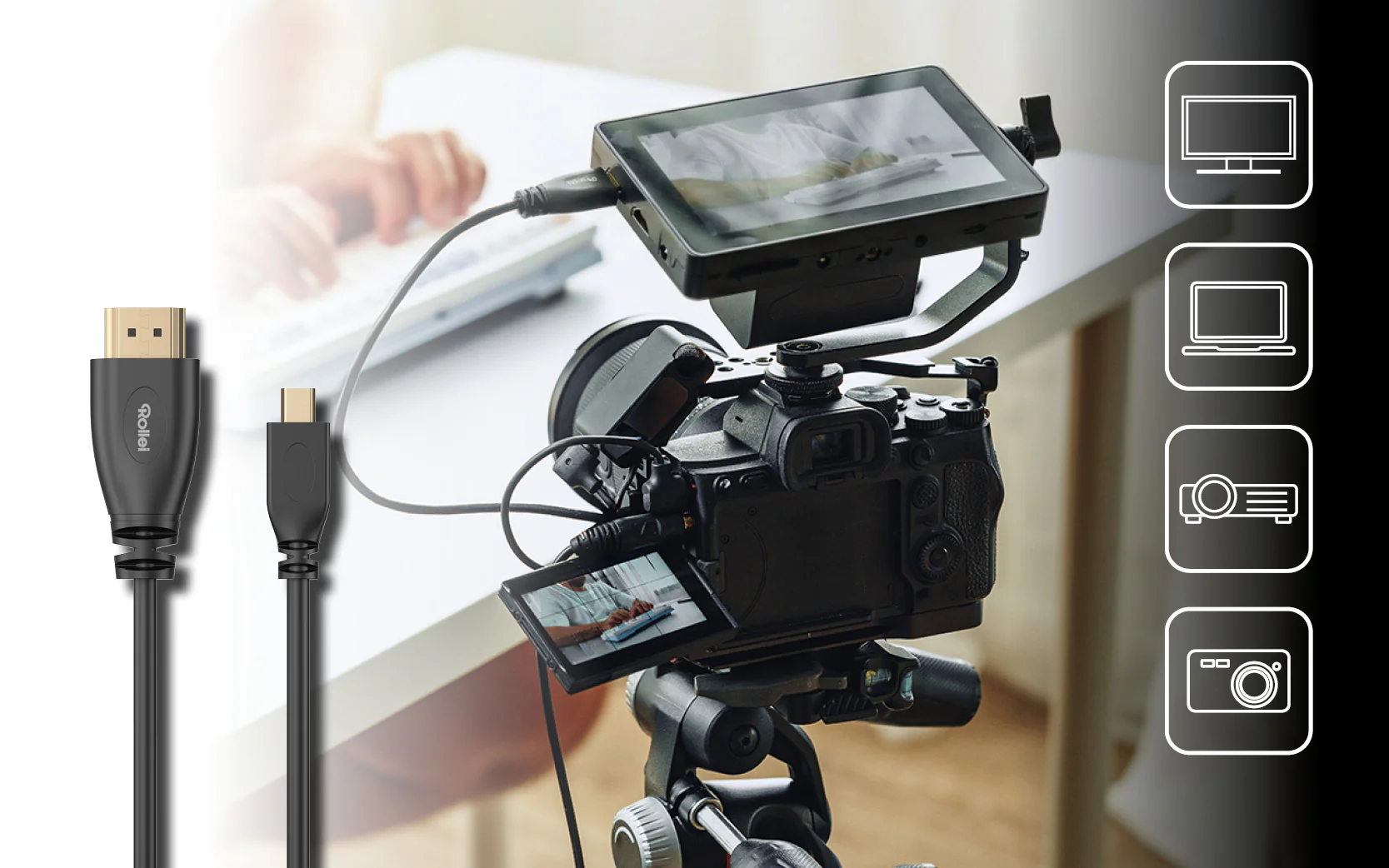 Kamera mit externem Monitor, HDMI- und USB-C-Kabel, Hände tippen auf Tastatur.