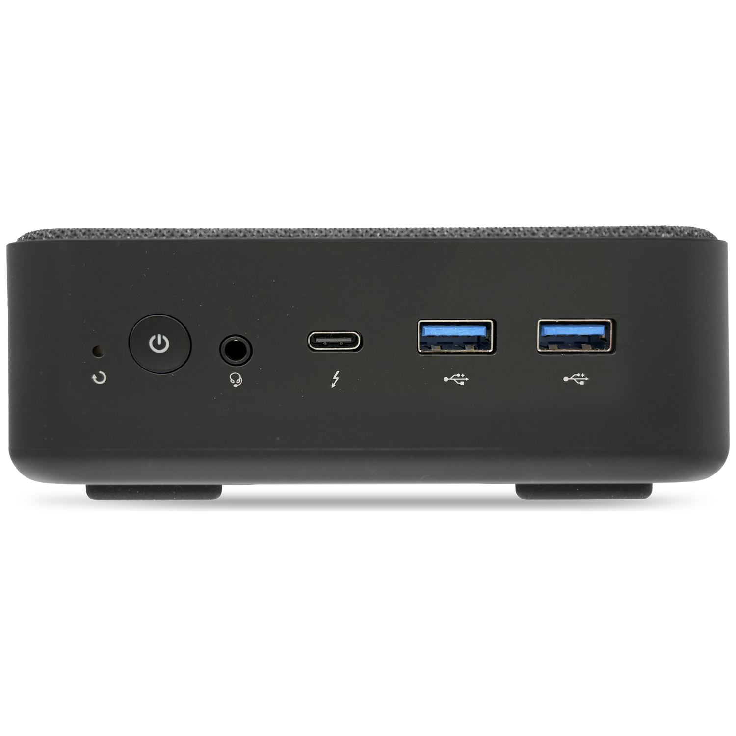 Black mini PC with power button, headphone jack, USB-C and USB-A ports.