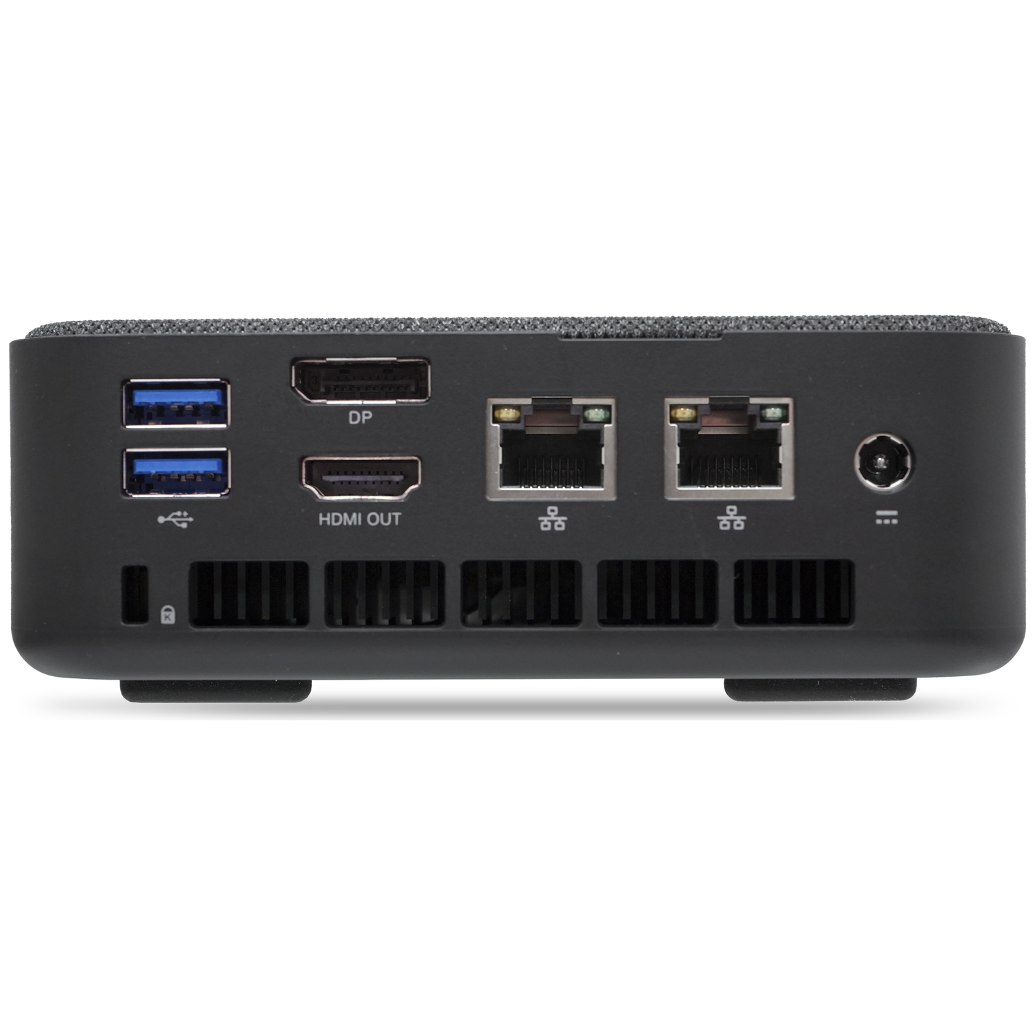 Back of a black mini PC showing USB, DP, HDMI, Ethernet ports, and power connector.