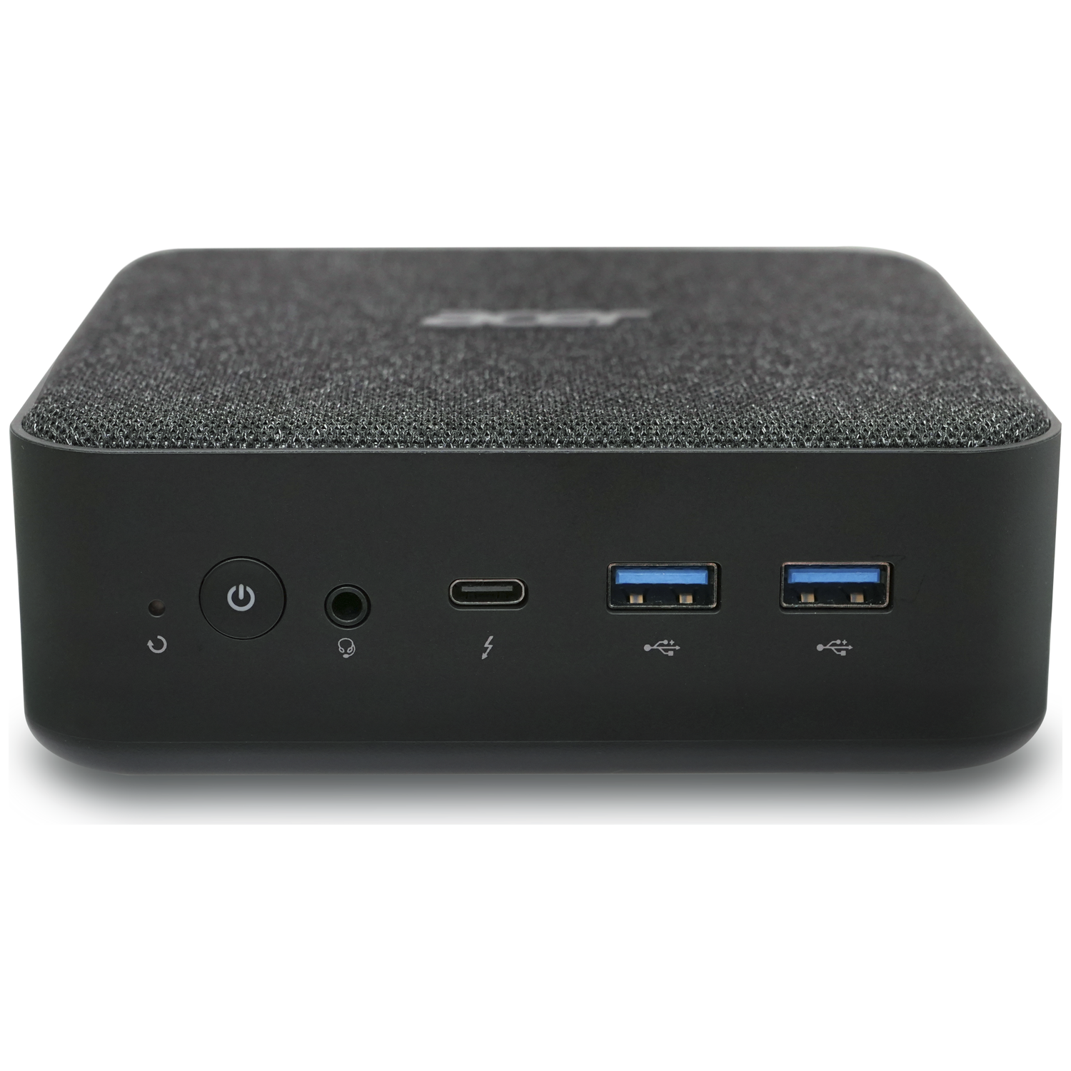 Black mini PC with power button, headphone jack, USB-C, and USB-A ports.